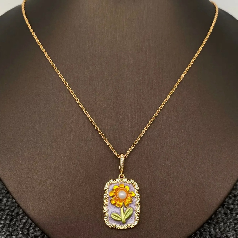 Gold Sunflower inlaid Pearl Art Pendant Necklace in Purple and Green. New. - Picture 12 of 15